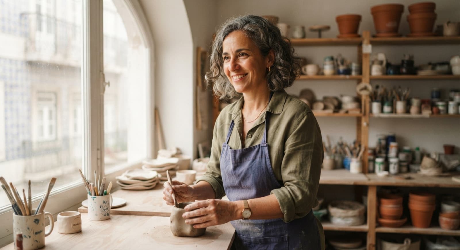 Ceramista portuguesa no seu atelier