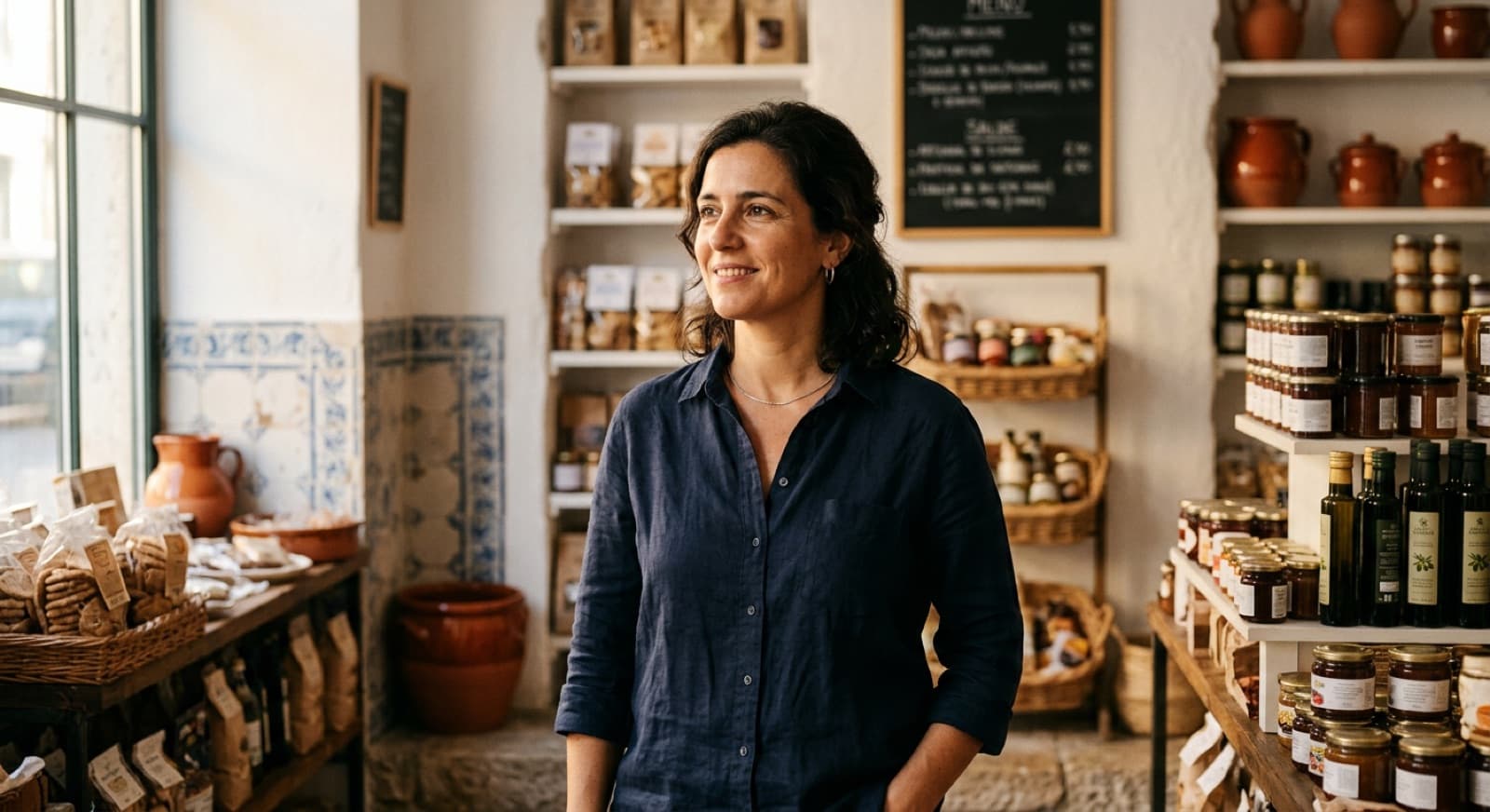 Dona de uma mercearia artesanal portuguesa na sua loja